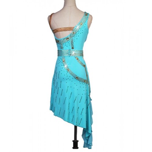 Turquoise mint color rhinestones competition latin dress for women stage performance professional latin dance wear rumba salsa chacha dance dress
